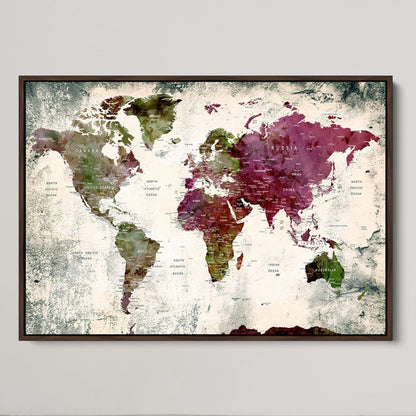 Push Pin World Map Canvas Print – Framed Wall Art for Couples to Track Their Travels – Anniversary Gift or Home Adventure Decor