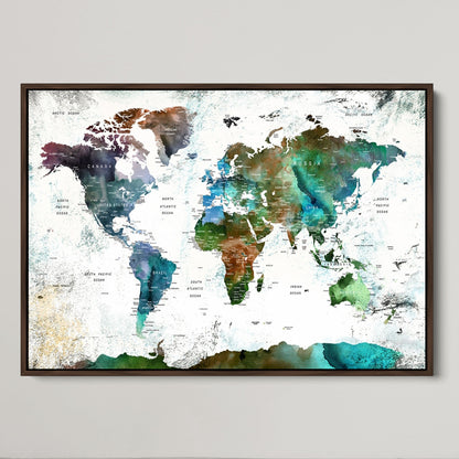 Push Pin World Map Canvas Print – Framed Wall Art for Couples to Track Their Travels – Anniversary Gift or Home Adventure Decor