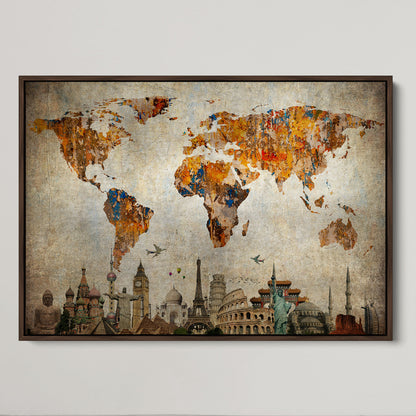 Push Pin World Map Canvas Print – Framed Wall Art for Couples to Track Their Travels – Anniversary Gift or Home Adventure Decor