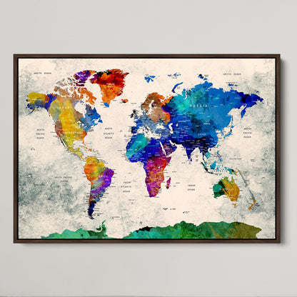 Push Pin World Map Canvas Print – Framed Wall Art for Couples to Track Their Travels – Anniversary Gift or Home Adventure Decor