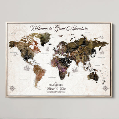 35778202-MGV-CV-36X24-Custom Push Pin World Map Wall Canvas Print – Personalized Travel Map with Pins – Framed Large Canvas for Home Office Decor