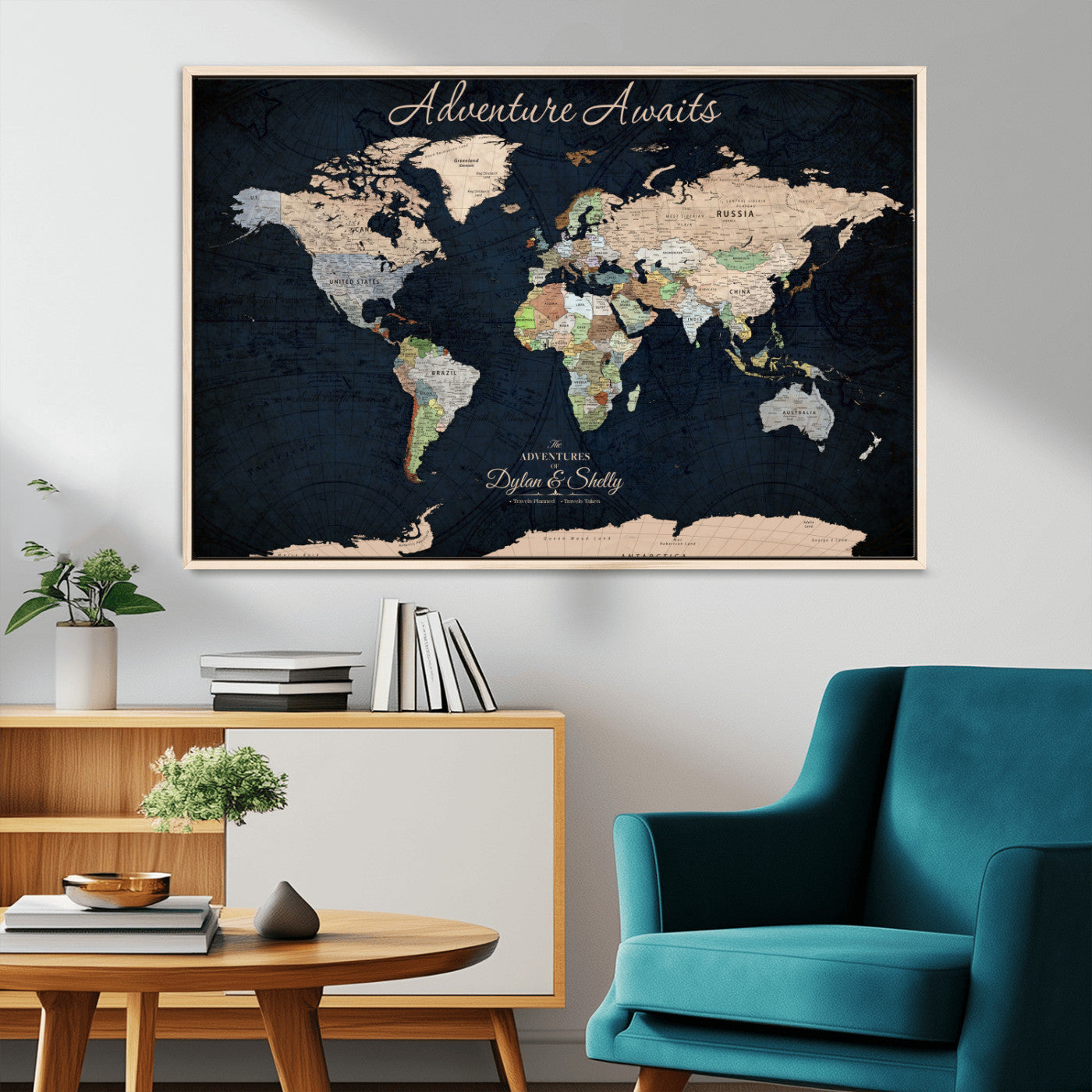 43186793-MGV-CV-30X20-Personalized World Map Print, Customizable Push Pin Framed World Map Print on Canvas - Custom Quote on Map Print