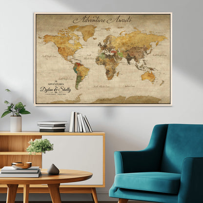 50298017-MGV-FC-36X24_Natural-Personalized World Map Print, Customizable Push Pin Framed World Map Print on Canvas - Custom Quote on Map Print