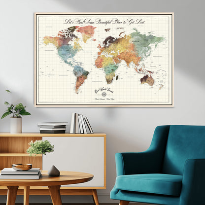 29289638-MGV-FC-36X24_Natural-Personalized World Map Print - Customizable Push Pin Framed World Map Print on Canvas - Custom Quote on Map Print