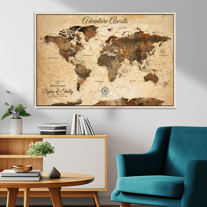 66357947-MGV-CV-36X24-Personalized World Map Print, Customizable Push Pin Framed World Map Print on Canvas - Custom Quote on Map Print