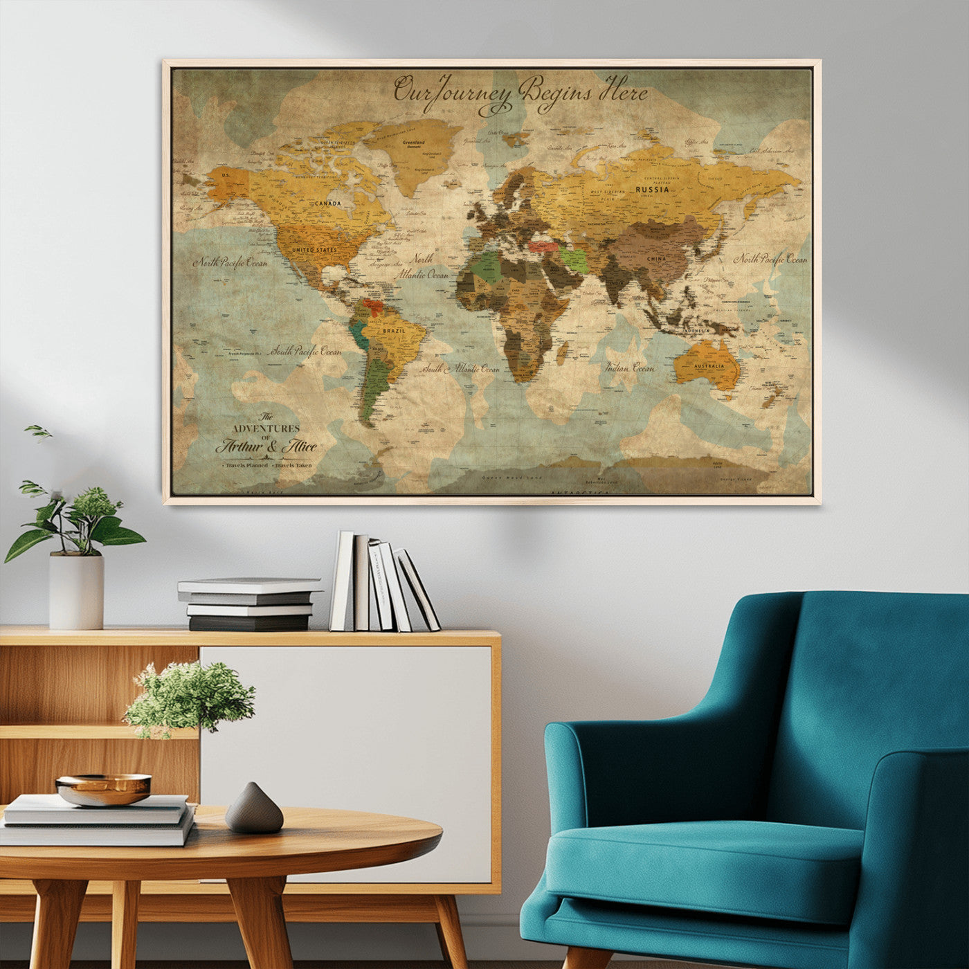 75523223-MGV-FC-36X24_Natural-Custom Push Pin World Map Wall Canvas Print – Personalized Travel Tracker with Pins – Framed Custom Quotie Canvas for Home Office