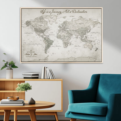 11398637-MGV-FC-36X24_Natural-Framed World Map Canvas – Custom Push Pin Travel Tracker – Personalized Wall Art for Adventurers, Home Office or Study Room Decor