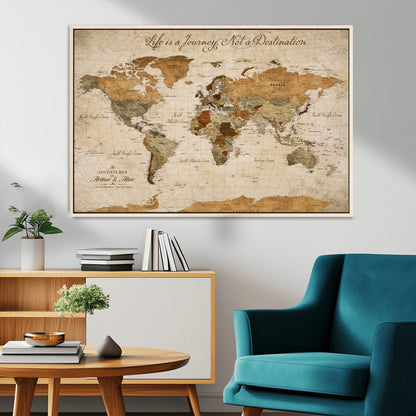 79036691-MGV-FC-30X20_Natural-Custom Push Pin World Map Wall Canvas Print – Personalized Travel Tracker with Pins – Framed Custom Quotie Canvas for Home Office Decor