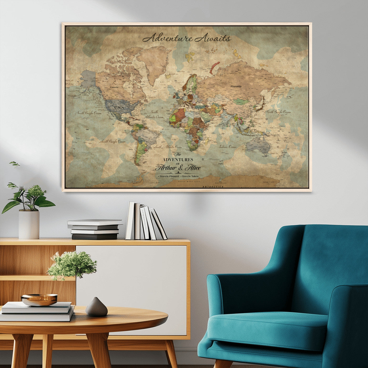 60798273-MGV-FC-30X20_Natural-Custom Push Pin World Map Wall Canvas Print – Personalized Travel Tracker with Pins – Framed Custom Quotie Canvas for Home Office Decor