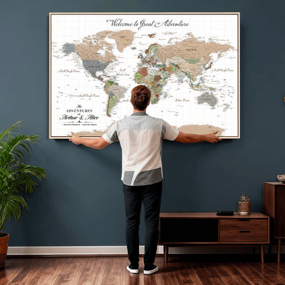85396539-MGV-CV-36X24 - Custom Beige Push Pin World Map Wall Art, Bucket List Map, Study and Hallway Decor