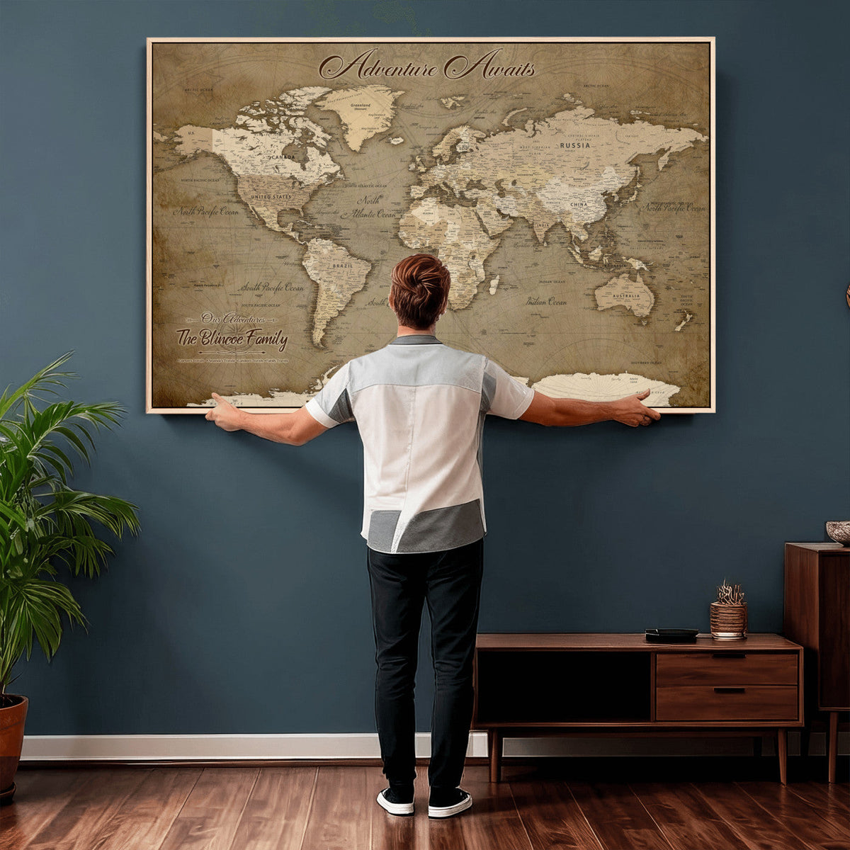 Custom Beige Modern Push Pin World Map Canvas Print, Family Travel Tracker, Dining Room and Home Office Decor