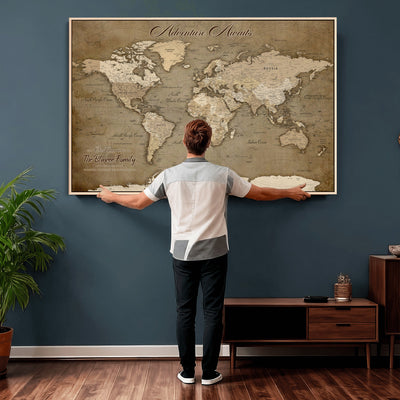 Custom Beige Modern Push Pin World Map Canvas Print, Family Travel Tracker, Dining Room and Home Office Decor