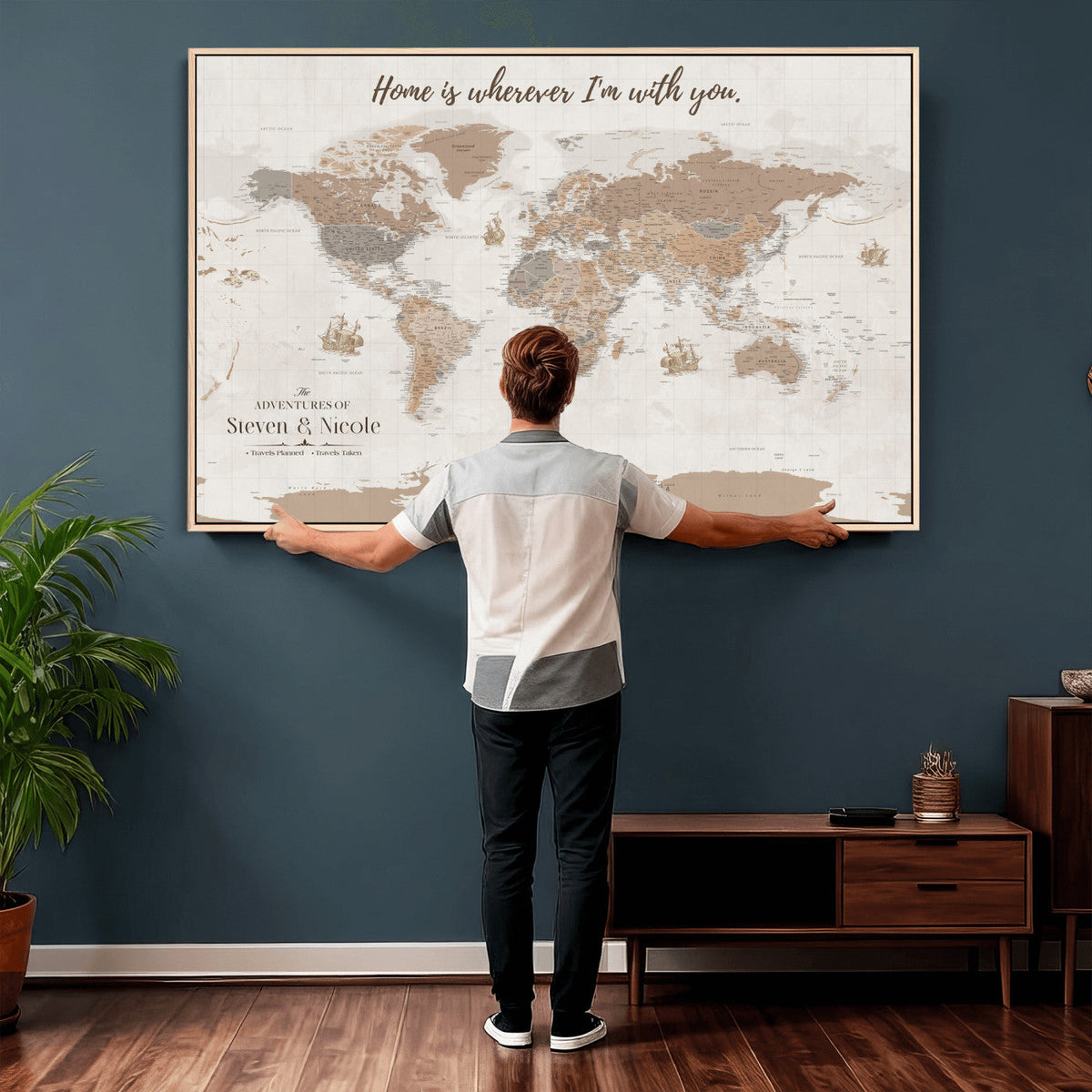 25831578-MGV-CV-36X24 - Custom Push Pin World Map Wall Art Canvas Print | Personalized Travel Tracker with Pins Framed Large for Home and Office Decor