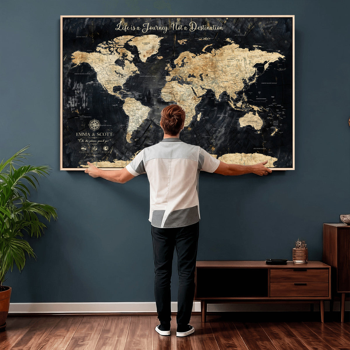 Personalized Framed Navy Modern Push Pin World Map Canvas Print, Couples Countries Visited Map, Family Room and Study Decor