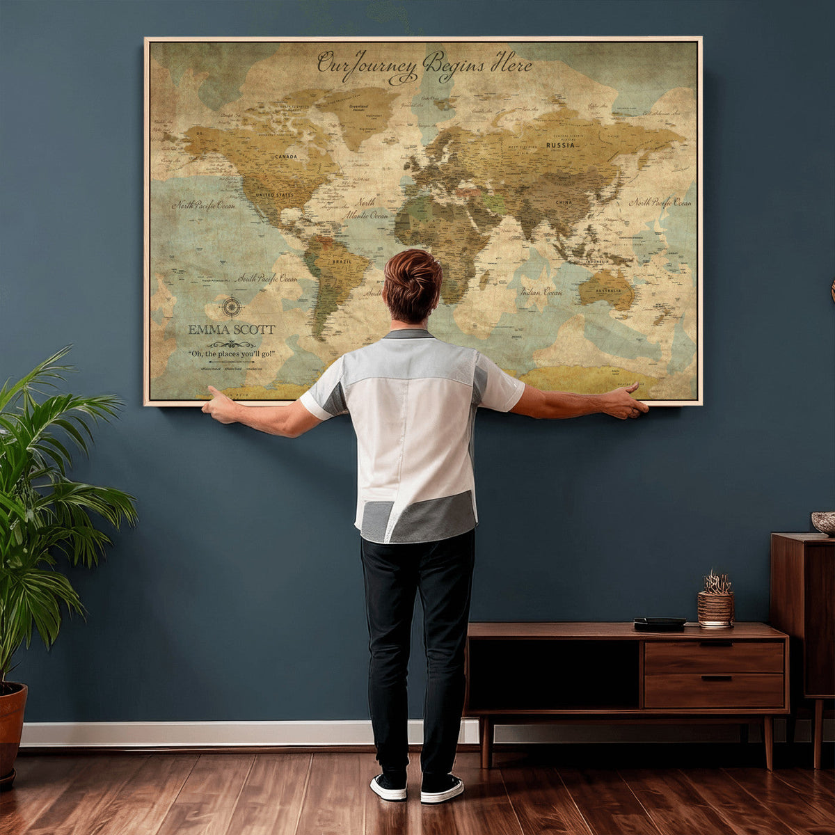 Personalized Navy Push Pin Travel Map Canvas Print, Couples Countries Visited Map, Living Room and Dining Room Decor
