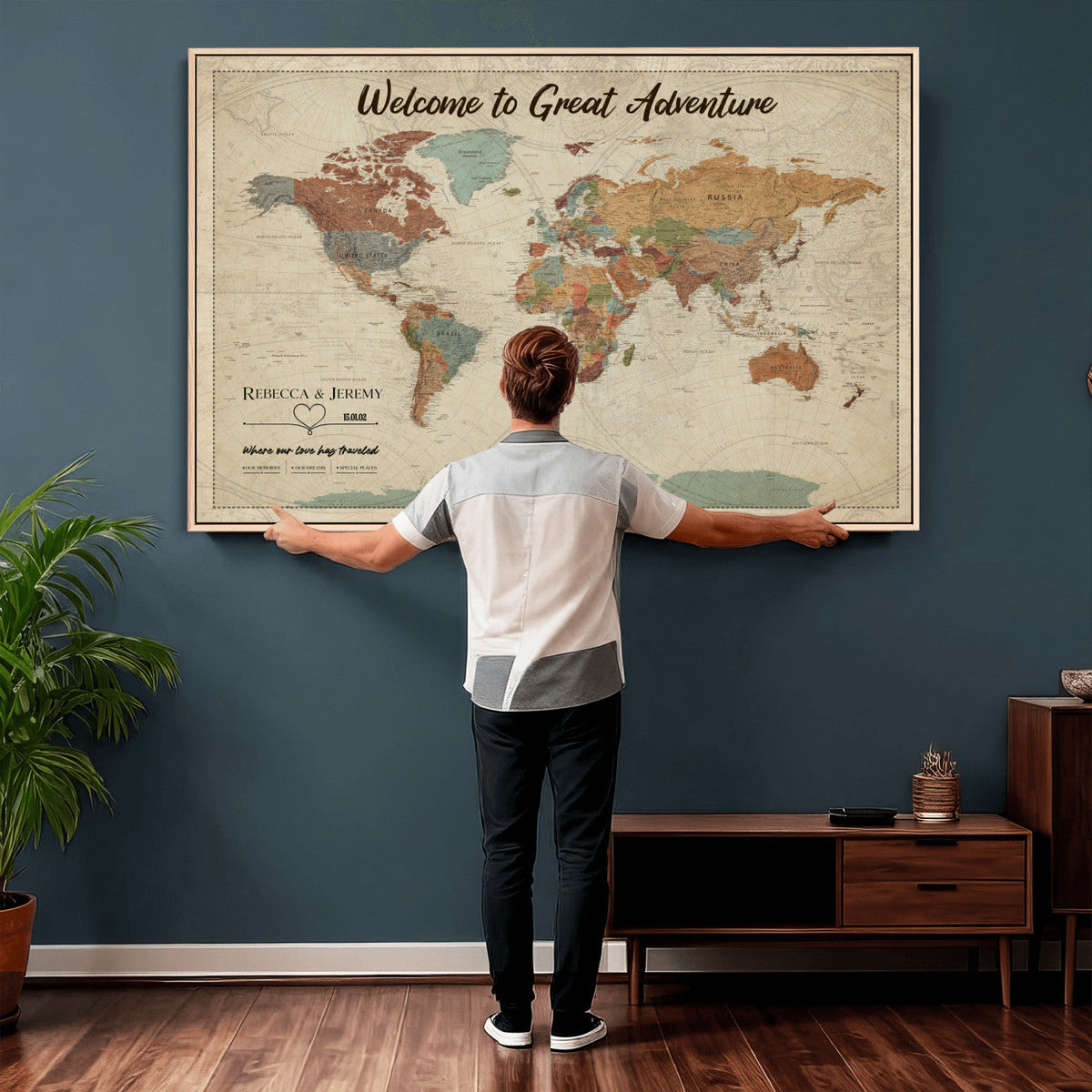 Large Personalized Beige Minimalist Push Pin World Map Wall Art, Next Trip Planner Map, Bedroom and Home Office Decor