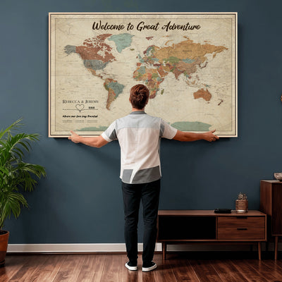 Large Personalized Beige Minimalist Push Pin World Map Wall Art, Next Trip Planner Map, Bedroom and Home Office Decor