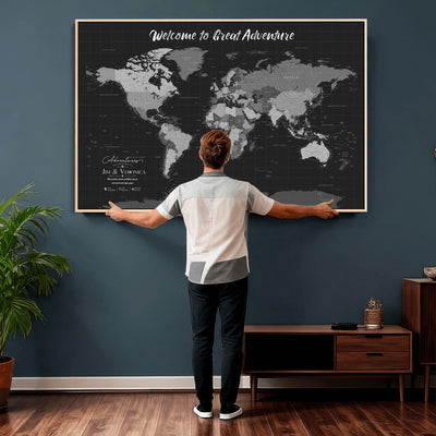 Custom Framed Navy Vintage World Map Canvas with Push Pins, Next Trip Planner Map, Entryway and Hallway Decor