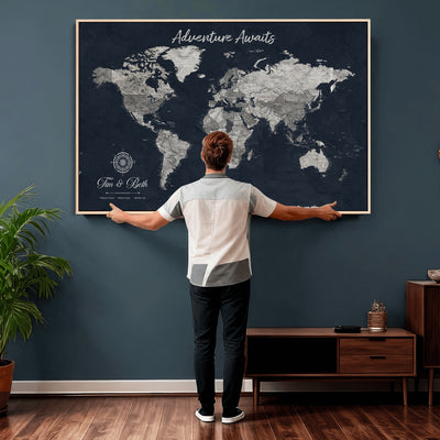 Personalized Framed Beige Vintage Push Pin World Map Wall Art, Bucket List Map, Study and Hallway Decor