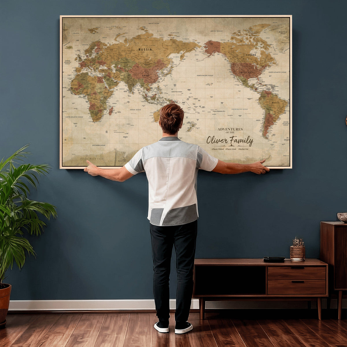 Personalized Framed Navy Modern World Map Canvas with Push Pins, Bucket List Map, Living Room and Entryway Decor