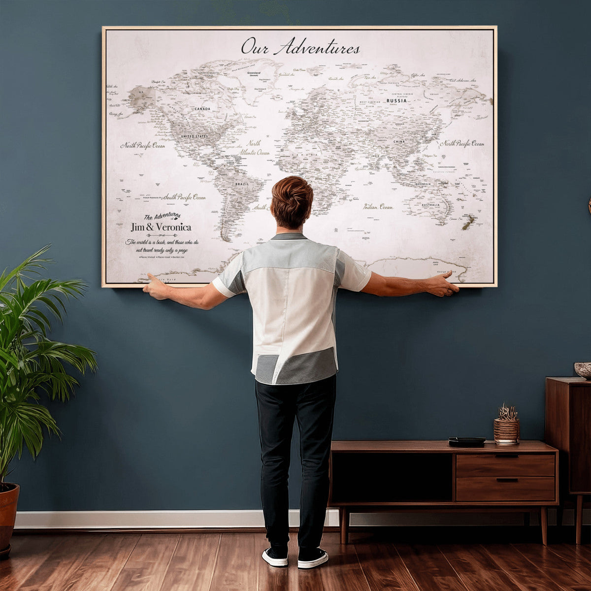 Personalized Beige Vintage World Travel Map Wall Art with Pins, Honeymoon and Anniversary Gift, Entryway and Hallway Decor