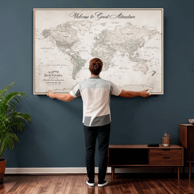 84311132-MGV-CV-36X24 - Personalized Beige World Map Canvas with Push Pins, Places Visited Tracker, Family Room and Entryway Decor