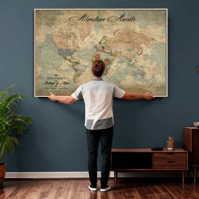 Custom Beige World Travel Map Wall Art with Pins, Bucket List Map, Dining Room and Study Decor