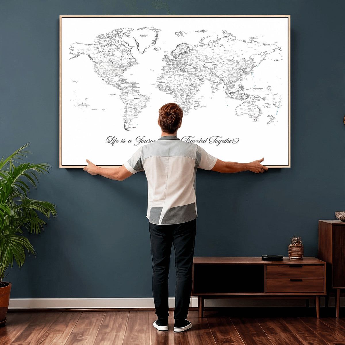 Personalized Framed Beige Modern Push Pin Travel Map Canvas Print, Couples Countries Visited Map, Living Room and Family Room Decor