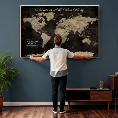 Personalized Framed Black Modern World Map Canvas with Push Pins, Next Trip Planner Map, Dining Room and Home Office Decor
