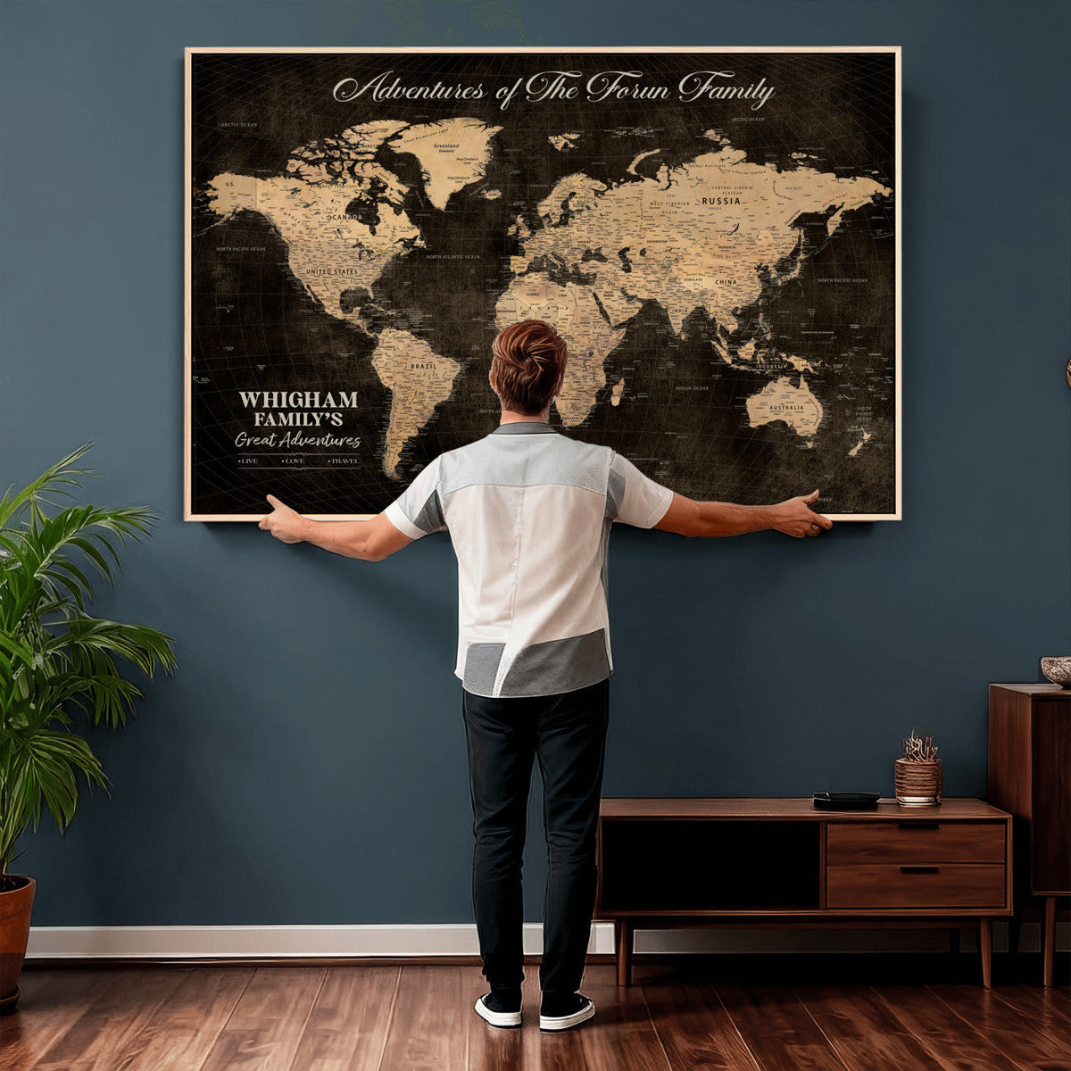 Personalized Framed Beige Geometric Push Pin Travel Map Canvas Print, Honeymoon and Anniversary Gift, Dining Room and Hallway Decor