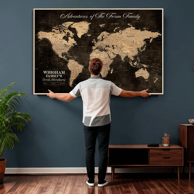Personalized Framed Beige Geometric Push Pin Travel Map Canvas Print, Honeymoon and Anniversary Gift, Dining Room and Hallway Decor
