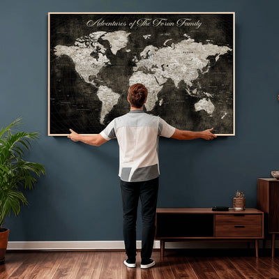 Personalized Framed Beige Push Pin World Map Canvas Print, Couples Countries Visited Map, Dining Room and Study Decor