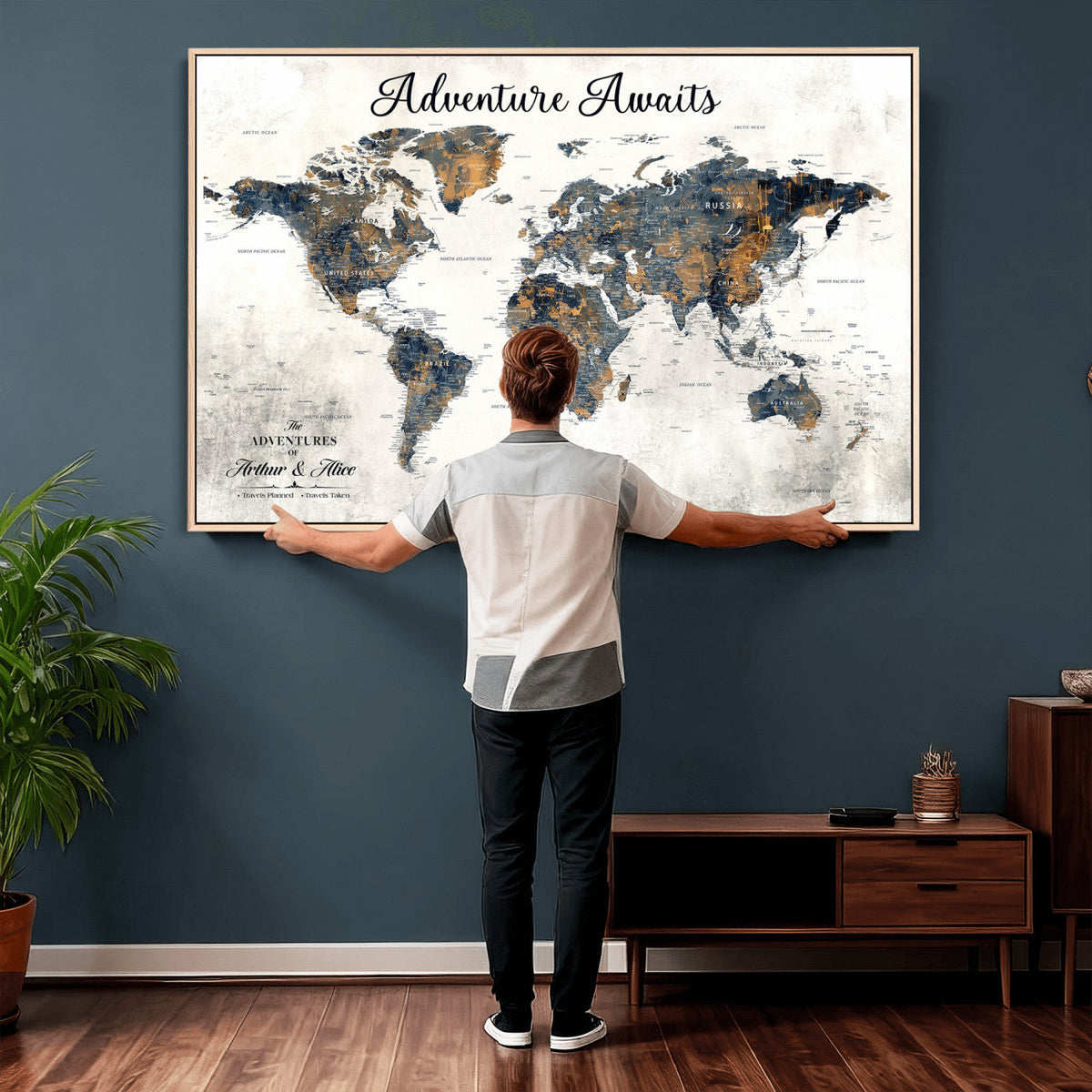 Custom Framed Beige Geometric World Travel Map Wall Art with Pins, Places Visited Tracker, Family Room and Home Office Decor