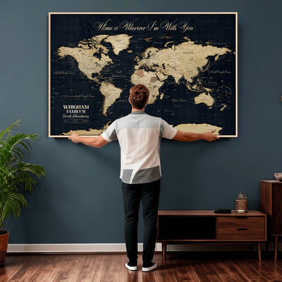 Personalized Framed Beige Geometric Push Pin World Map Wall Art, Couples Countries Visited Map, Bedroom and Hallway Decor