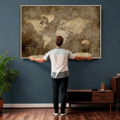 Personalized Framed Beige Push Pin Travel Map Canvas Print, Bucket List Map, Bedroom and Study Decor