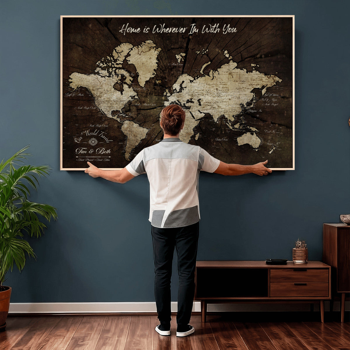 Personalized Watercolor Push Pin World Map Canvas Wall Art, Custom Framed Travel Map - NEWMAP-094