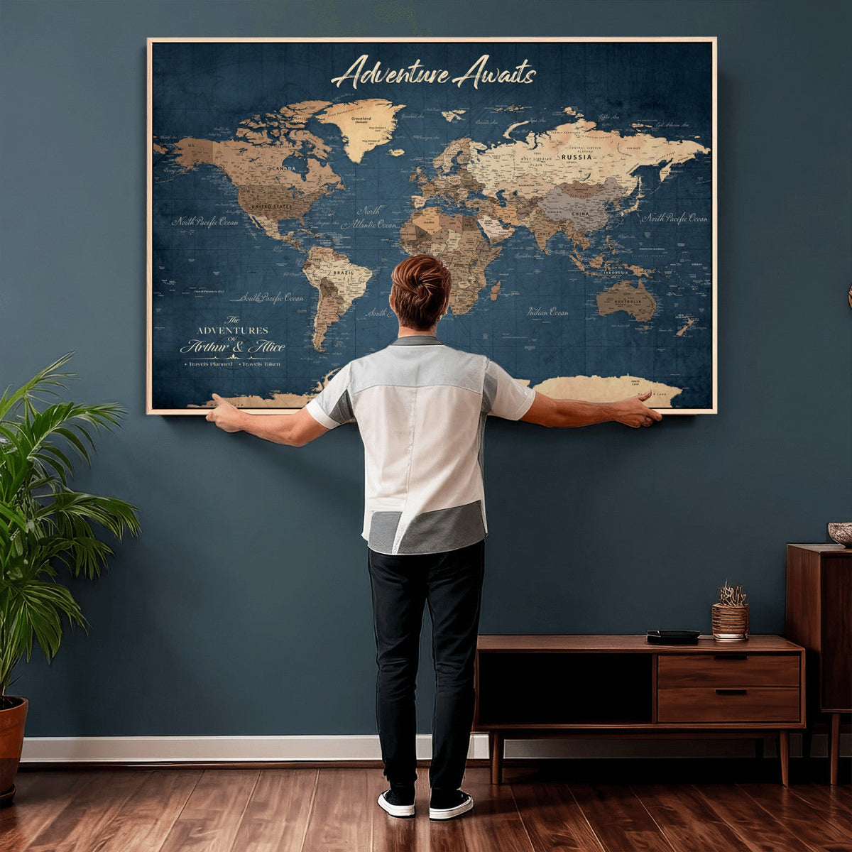 Personalized White Vintage World Travel Map Wall Art with Pins, Next Trip Planner Map, Family Room and Dining Room Decor