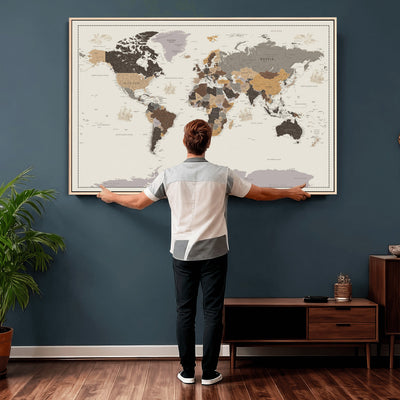 58777746-MGV-CV-36X24 - Custom Beige Modern Push Pin World Map Canvas Print, Places Visited Tracker, Bedroom and Study Decor