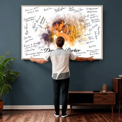 74713307-MGV-CV-36X24 - Wedding Guest Book Alternative Wall Art Canvas Print, Personalized Couple Photo Guestbook Wedding Signature Poster, Custom Couple Photo Guestbook Canvas, Bridal Shower Reception Decor