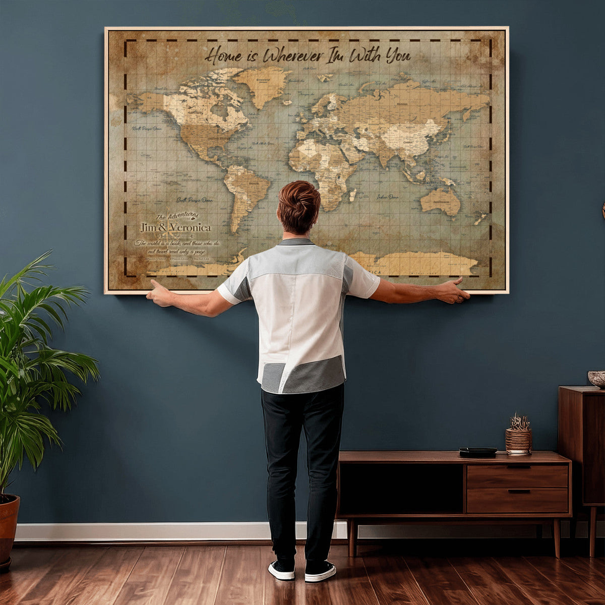 97123877-MGV-CV-36X24 - Vintage Custom Push Pin World Map Print | Vintage Travel Map Canvas, Personalized Names Anniversary Gift, Places Visited Pin Board