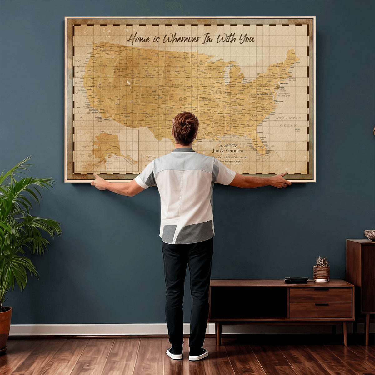62164711-MGV-CV-36X24 - Personalized USA Push Pin Travel Map, Custom United States Map, Push Pin Map, USA Bucket List Map, Anniversary Gift - Couple Travel Map Wall Art
