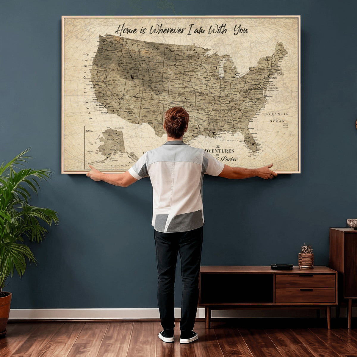 25440520-MGV-CV-36X24 - Detailed Personalized Push Pin United States Map Wall Art, States Visited Map, Office and Hallway Decor