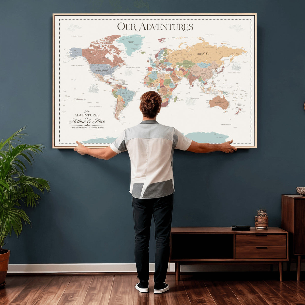 Personalized Framed Navy Push Pin World Map Canvas Print, Next Trip Planner Map, Living Room and Entryway Decor