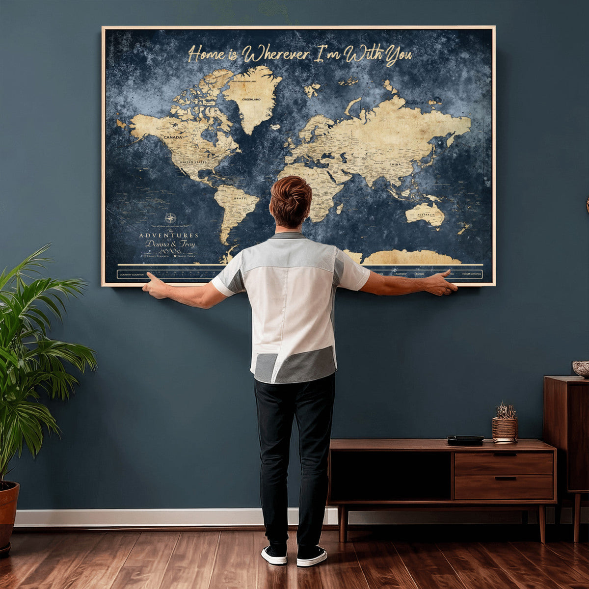 400867BL-MGV-CV-36X24 - Framed Blue Custom Push Pin World Map Canvas Print | Personalized Travel Map Wall Art