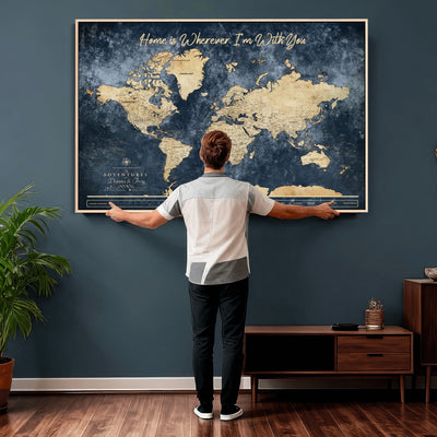 400867BL-MGV-CV-36X24 - Framed Blue Custom Push Pin World Map Canvas Print | Personalized Travel Map Wall Art