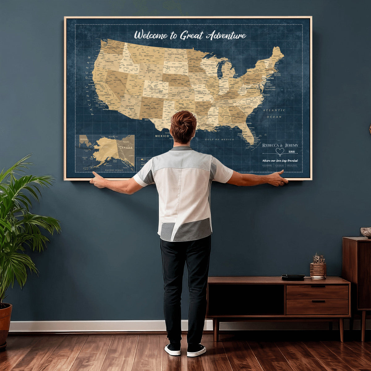 58851035-MGV-CV-36X24 - Custom Cream Push Pin USA Map Canvas Print, 50 State Bucket List Map, Family Room and Hallway Decor