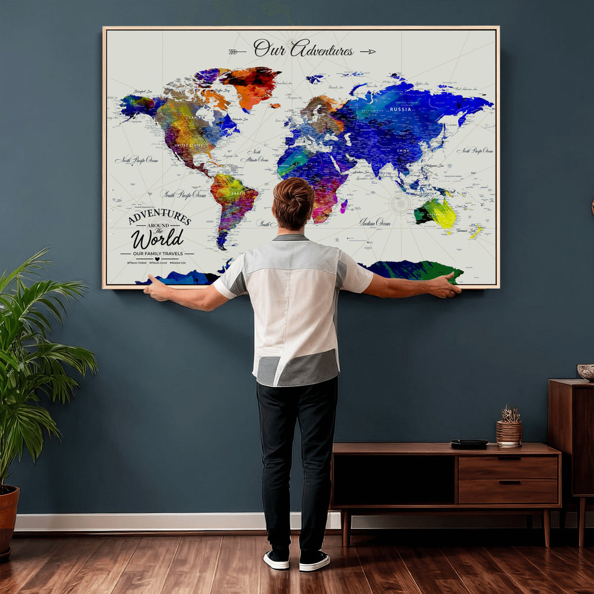 88162438-MGV-CV-36X24 - Our Family Adventures Push Pin World Map Wall Art Canvas Print | Family Travel Tracker Map with Pins