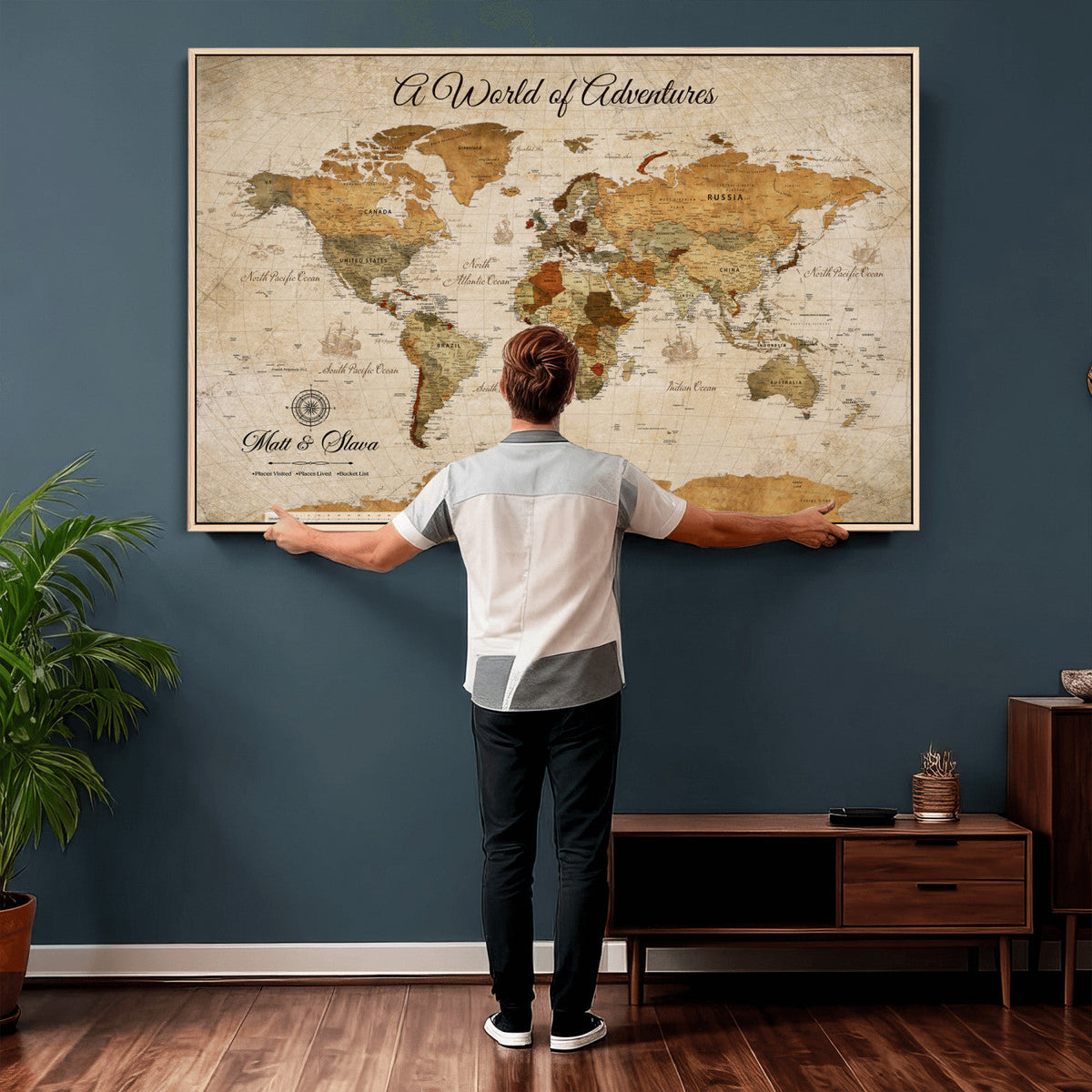 88768647-MGV-CV-36X24 - Extra Large Framed Personalize Push Pin World Map Wall Art Canvas Print for Travel Tracking