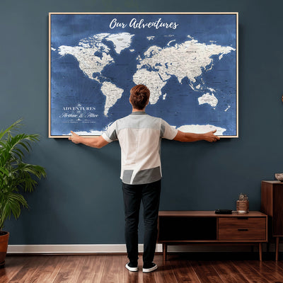 75405527-MGV-CV-36X24 - Extra Large Framed Personalize Push Pin World Map Wall Art Canvas Print for Travel Tracking - NEWMAP-113A