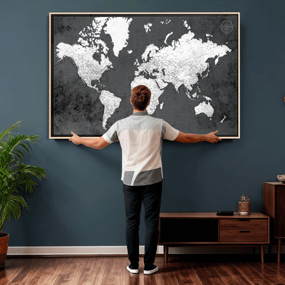 78574966-MGV-CV-36X24 - Extra Large Framed Personalize Push Pin World Map Wall Art Canvas Print for Travel Tracking - NEWMAP-128